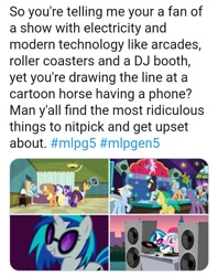 Size: 717x906 | Tagged: safe, applejack, dj pon-3, fluttershy, pinkie pie, rainbow dash, rarity, twilight sparkle, vinyl scratch, a canterlot wedding, g4, g5, grannies gone wild, read it and weep, suited for success, spoiler:g5, brony stereotype, grammar error, mane six, meta, twitter link