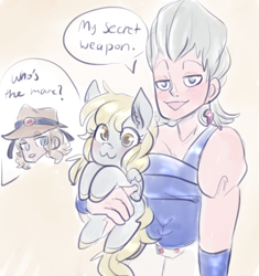 Size: 918x976 | Tagged: safe, artist:mimiporcellini, derpy hooves, human, pegasus, pony, g4, crossover, dialogue, hol horse, holding a pony, jean pierre polnareff, jojo's bizarre adventure