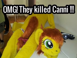Size: 2592x1944 | Tagged: safe, artist:atalonthedeer, oc, oc:canni soda, galacon, fursuit, irl, mascot, oh my god they killed kenny, photo, pun, south park