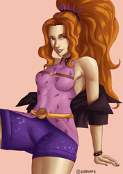 Size: 2480x3508 | Tagged: safe, artist:nire, adagio dazzle, equestria girls, g4, bare shoulders, belt, bracelet, breasts, clothes, eyeshadow, female, high res, jacket, jewelry, looking at you, makeup, nail polish, shorts, sideboob, sleeveless, smiling, smiling at you, solo, spiked headband, spiked wristband, thighs, wristband