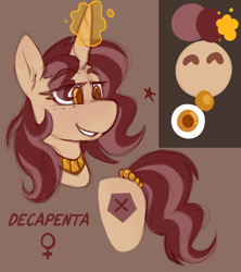 Size: 1600x1800 | Tagged: safe, artist:anon_1515, oc, oc only, oc:decapenta, pony, unicorn, beads, cutie mark, eyebrows, eyebrows visible through hair, female, freckles, gold, jewelry, magic, reference sheet, simple background, sketch, smiling, solo, tail wrap
