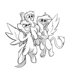 Size: 1280x1280 | Tagged: safe, artist:captainhoers, gilda, rainbow dash, oc, oc:gren, hippogriff, pegasus, pony, g4, black and white, family, female, flying, grayscale, interspecies offspring, lesbian, magical lesbian spawn, male, mare, monochrome, offspring, parent:gilda, parent:rainbow dash, parents:gildash, ship:gildash, shipping, simple background, sketch, smiling, white background
