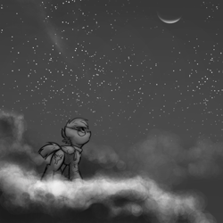 Size: 1280x1280 | Tagged: safe, artist:captainhoers, oc, oc only, oc:concorde, pegasus, pony, black and white, cloud, crescent moon, grayscale, looking up, monochrome, moon, night, night sky, nonbinary, offspring, on a cloud, parent:soarin', parent:spitfire, parents:soarinfire, sky, solo, standing on a cloud, stars