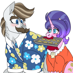 Size: 3000x3000 | Tagged: safe, artist:gingygin, cookie crumbles, hondo flanks, pony, unicorn, g4, baking sheet, blushing, clothes, cookie, female, food, hawaiian shirt, high res, husband and wife, male, mare, mouth hold, ship:cookieflanks, shipping, shirt, simple background, stallion, straight, white background