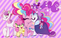 Size: 1440x900 | Tagged: safe, artist:rubyg242, li'l cheese, pinkie pie, pipp petals, rarity, screwball, sweetie belle, pony, g4, g5, the last problem, baby, baby pony, female, lesbian, older, ship:raripie, shipping