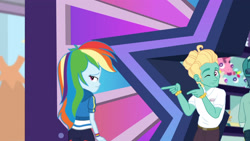 Size: 3410x1920 | Tagged: safe, screencap, rainbow dash, zephyr breeze, dashing through the mall, equestria girls, equestria girls specials, g4, my little pony equestria girls: better together, my little pony equestria girls: holidays unwrapped, belt, clothes, female, hoodie, male, one eye closed, wink