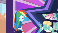 Size: 3410x1920 | Tagged: safe, screencap, mile hill, rainbow dash, zephyr breeze, dashing through the mall, equestria girls, equestria girls specials, g4, my little pony equestria girls: better together, my little pony equestria girls: holidays unwrapped, clothes, eyes closed, female, hoodie, male, offscreen character