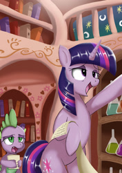 Size: 1024x1449 | Tagged: safe, artist:neoshrek, spike, twilight sparkle, dragon, pony, unicorn, g4, ahegao, bipedal, book, duo, golden oaks library, hind legs, open mouth, potion, scroll, tongue out, unicorn twilight