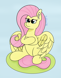 Size: 1320x1690 | Tagged: safe, artist:subleni, fluttershy, pegasus, pony, g4, blue background, crossed hooves, ear fluff, female, mare, simple background, sitting, solo, spread wings, three quarter view, unamused, wings