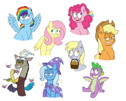 Size: 1280x1024 | Tagged: safe, artist:pawkatoon, applejack, derpy hooves, discord, fluttershy, pinkie pie, rainbow dash, spike, trixie, dragon, earth pony, pegasus, pony, unicorn, g4, basket, chaos, cup, female, food, male, mare, mouth hold, muffin, simple background, teacup, white background, winged spike, wings