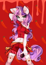 Size: 1456x2048 | Tagged: safe, artist:siripim111, sweetie belle, unicorn, anthro, arm behind head, bell, blouse, chili pepper, clothes, female, lidded eyes, looking at you, microphone, midriff, off shoulder, older, red background, shorts, simple background, smiling, solo, stockings, thigh highs