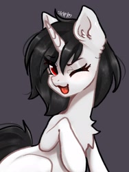 Size: 1536x2048 | Tagged: safe, artist:siripim111, oc, oc only, pony, unicorn, chest fluff, explicit source, looking at you, one eye closed, raspberry, smiling, solo, tongue out, wink
