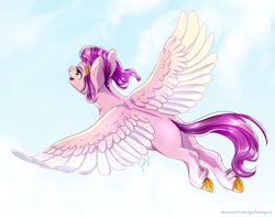 Size: 3332x2625 | Tagged: safe, artist:gaelledragons, pipp petals, pegasus, pony, g5, feathered fetlocks, female, flapper, flying, happy, high res, mare, open mouth, outdoors, part of a full image, sky, smiling, solo, spread wings, two toned wings, underhoof, wings