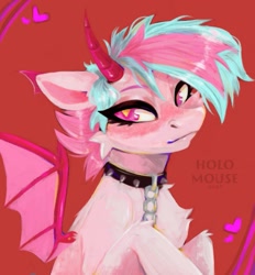 Size: 895x964 | Tagged: safe, artist:holomouse, oc, oc only, demon, demon pony, chains, chest fluff, collar, heart, horns, looking at you, spiked collar, webbed wings