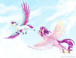 Size: 5000x3813 | Tagged: safe, artist:gaelledragons, pipp petals, zipp storm, pegasus, pony, g5, absurd resolution, belly, chubby, colored wings, concave belly, duo, feathered fetlocks, female, fit, flapper, flying, large wings, mare, multicolored wings, outdoors, physique difference, royal sisters (g5), siblings, sisters, sky, slender, smiling, spread wings, sternocleidomastoid, thin, two toned wings, wings
