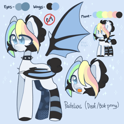 Size: 1440x1445 | Tagged: safe, artist:softpound, oc, oc only, oc:pastelias, bat pony, pony, chibi, clothes, collar, fangs, open mouth, reference sheet, socks, solo, spiked collar, spread wings, striped socks, wings