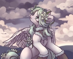 Size: 3000x2400 | Tagged: safe, artist:konejo, oc, oc only, pegasus, pony, flower, flower in hair, high res, looking back, mittens, solo, spread wings, tired, wings