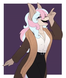 Size: 3282x3828 | Tagged: safe, artist:mamachubs, oc, oc only, anthro, clothes, coat, high res, lidded eyes, looking at you, one eye closed, pants, shirt, smiling, solo, wink