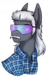 Size: 1212x1864 | Tagged: safe, artist:zahsart, oc, oc only, earth pony, pony, clothes, facial hair, flannel shirt, lidded eyes, moustache, piercing, shirt, solo, sunglasses, visor