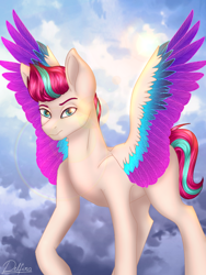 Size: 768x1024 | Tagged: safe, artist:delfinaluther, zipp storm, pegasus, pony, g5, cloud, colored wings, day, female, looking at you, mare, multicolored wings, signature, sky, solo, spread wings, wings