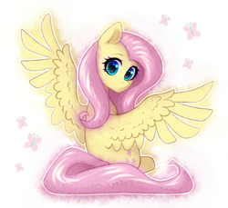 Size: 2336x2137 | Tagged: safe, artist:avrameow, fluttershy, pegasus, pony, g4, cute, female, high res, looking at you, looking back, looking back at you, mare, outline, shyabetes, sitting, solo, spread wings, turned head, white outline, wings