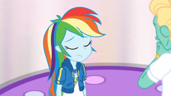 Size: 3410x1920 | Tagged: safe, screencap, rainbow dash, zephyr breeze, dashing through the mall, equestria girls, equestria girls series, g4, holidays unwrapped, spoiler:eqg series (season 2), clothes, cutie mark, cutie mark on clothes, eyes closed, female, geode of super speed, hoodie, jewelry, magical geodes, male, necklace