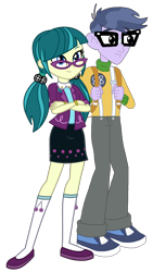 Size: 1242x2208 | Tagged: safe, artist:mixiepie, artist:skyfallerart, edit, juniper montage, micro chips, equestria girls, equestria girls specials, g4, my little pony equestria girls: movie magic, backpack, clothes, crack shipping, crossed arms, female, glasses, kneesocks, male, microjuniper, pigtails, shipping, simple background, skirt, smiling, socks, straight, transparent background, vector