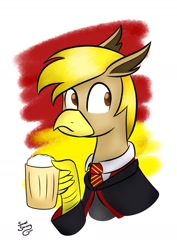 Size: 1000x1414 | Tagged: safe, artist:swivel starsong, oc, oc only, oc:pad, griffon, alcohol, beer, gryffindor, harry potter (series), pun, solo