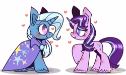 Size: 3500x2100 | Tagged: safe, artist:~w0xel~, starlight glimmer, trixie, pony, unicorn, g4, blushing, cape, clothes, female, floating heart, heart, heart eyes, high res, lesbian, looking at each other, mare, ship:startrix, shipping, smiling, smiling at each other, trixie's cape, wingding eyes