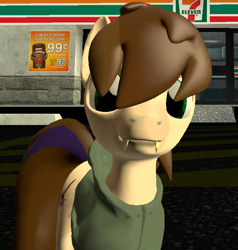 Size: 658x690 | Tagged: safe, artist:lil_vampirecj, oc, oc only, oc:cj vampire, earth pony, pony, 3d, 7 eleven, brown mane, clothes, game:gmod, gmod, green eyes, jacket, photo, smiling, solo