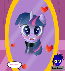 Size: 3840x4154 | Tagged: safe, alternate version, artist:damlanil, twilight sparkle, alicorn, pony, g4, blushing, carousel boutique, catsuit, clothes, comic, cute, female, happy, heart, heart eyes, horn, latex, latex suit, looking at you, mare, mirror, open mouth, rubber, shine, shiny, simple background, smiling, spy, suit, text, that pony sure does love books, twiabetes, twilight sparkle (alicorn), vector, wingding eyes, wings