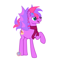 Size: 894x894 | Tagged: safe, artist:lovelypromise, oc, oc only, oc:fruity, bat pony, pony, baked goods, bat pony oc, bat wings, cake, clothes, colored, cutie mark, dessert, ear fluff, fangs, femboy, feminine stallion, food, fruitcake, glasses, grin, hairpin, happy, long legs, male, open mouth, pointed ears, raised hoof, scarf, short mane, short tail, slender, slit pupils, smiling, solo, spread wings, stallion, standing, strawberry, tall, thin, whipped cream, wings