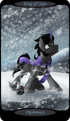 Size: 1500x2591 | Tagged: safe, artist:sixes&sevens, part of a set, king sombra, pony, unicorn, g4, blizzard, clothes, duality, goblet, king of cups, male, mountain, reformed sombra, scarf, self ponidox, snow, snowfall, solo, tarot card, wind