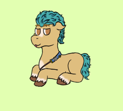 Size: 482x437 | Tagged: source needed, safe, artist:un simple tio, hitch trailblazer, earth pony, pony, g5, blaze (coat marking), blue hair, blue tail, body markings, brown eyes, coat markings, facial markings, hoof fluff, looking at you, lying, lying down, simple background, solo, tongue out