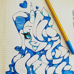 Size: 1080x1080 | Tagged: safe, artist:tessa_key_, rarity, pony, unicorn, g4, :p, bust, eyelashes, female, graph paper, hair over one eye, heart, horn, lineart, mare, pen, solo, tongue out, traditional art
