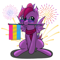 Size: 613x613 | Tagged: safe, artist:mewinabubble, oc, oc only, oc:fruity, bat pony, pony, aside glance, bat pony oc, bat wings, blushing, closed mouth, clothes, colored, cutie mark, ear fluff, femboy, feminine stallion, fireworks, flag, flag pole, glasses, grin, happy, holding, male, pansexual, pansexual pride flag, pointed ears, pride, pride flag, scarf, short mane, short tail, sitting, smiling, spread wings, stallion, wings