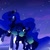 Size: 1080x1079 | Tagged: safe, artist:tessa_key_, princess luna, oc, alicorn, pony, unicorn, g4, duo, ethereal mane, female, hair over one eye, hoof shoes, horn, jewelry, looking back, mare, night, peytral, raised hoof, starry mane, stars, story included, tiara, unicorn oc, wings