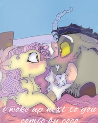 Size: 899x1124 | Tagged: safe, artist:cocolove2176, discord, fluttershy, draconequus, pegasus, pony, comic:i woke up next to you, g4, blushing, chest fluff, comic, female, male, mare, ship:discoshy, shipping, straight, wide eyes