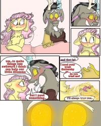 Size: 898x1123 | Tagged: safe, artist:cocolove2176, discord, fluttershy, draconequus, pegasus, pony, comic:i woke up next to you, g4, blushing, chest fluff, comic, dialogue, female, glowing eyes, holding hands, male, mare, ship:discoshy, shipping, straight, wide eyes