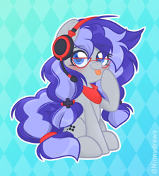 Size: 1779x1974 | Tagged: safe, alternate version, artist:ninnydraws, oc, oc only, oc:cinnabyte, earth pony, pony, :p, blushing, eye clipping through hair, female, glasses, headphones, headset, looking at you, mare, sitting, solo, tongue out