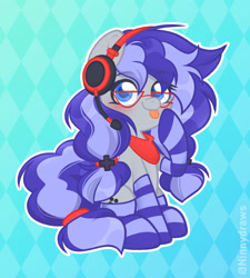 Size: 1779x1974 | Tagged: safe, artist:ninnydraws, oc, oc only, oc:cinnabyte, earth pony, pony, :p, clothes, female, glasses, headset, looking at you, mare, sitting, socks, solo, striped socks, tongue out