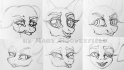 Size: 1024x576 | Tagged: safe, artist:maryhoovesfield, oc, oc only, pony, bust, crying, expressions, eyelashes, female, floppy ears, grayscale, lineart, mare, monochrome, open mouth, signature, smiling, suspicious, traditional art