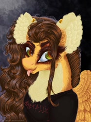 Size: 765x1024 | Tagged: safe, alternate version, artist:maryhoovesfield, oc, oc only, oc:mary, pegasus, pony, :p, bust, chest fluff, clothes, ear fluff, ear piercing, earring, eyelashes, female, jewelry, mare, pegasus oc, piercing, solo, tongue out, wings