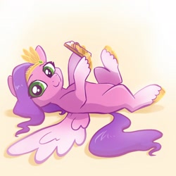 Size: 2048x2048 | Tagged: safe, artist:pfeffaroo, pipp petals, pegasus, pony, g5, adorapipp, cellphone, cute, female, high res, hoof hold, jewelry, looking at you, lying down, on back, phone, smartphone, smiling, solo, spread wings, tiara, turned head, wings