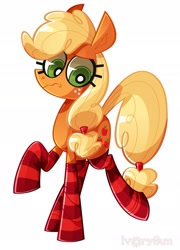 Size: 1380x1920 | Tagged: safe, artist:ivorysun_, applejack, earth pony, pony, g4, clothes, female, looking down, mare, missing accessory, raised hoof, socks, solo, stockings, striped socks, thigh highs