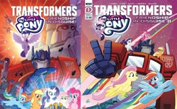 Size: 2292x1408 | Tagged: safe, artist:tonyfleecs, idw, applejack, fluttershy, pinkie pie, rainbow dash, rarity, twilight sparkle, pony, g4, the magic of cybertron, spoiler:comic, spoiler:friendship in disguise, crossover, friendship in disguise, mane six, megatron, optimus prime, transformers
