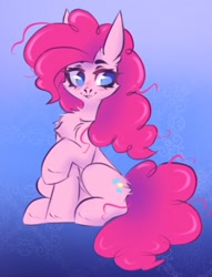 Size: 784x1024 | Tagged: dead source, safe, artist:mysha, pinkie pie, earth pony, pony, g4, cheek fluff, chest fluff, ear fluff, female, leg fluff, mare, no pupils, sitting, solo