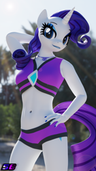 Size: 2160x3840 | Tagged: safe, artist:shadowboltsfm, rarity, anthro, plantigrade anthro, g4, 3d, 4k, arm behind head, beach shorts swimsuit, beautiful, belly button, bicolor swimsuit, blender, breasts, clothes, cute, equestria girls outfit, eyelashes, eyeshadow, geode of shielding, hand on hip, high res, jeweled swimsuit, jewelry, lens flare, lipstick, looking at you, magical geodes, makeup, midriff, nail polish, necklace, not sfm, purple swimsuit, rarity's beach shorts swimsuit, rarity's purple bikini, sexy, smiling, solo, swimsuit