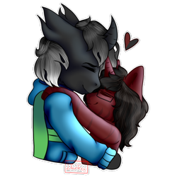 Size: 600x600 | Tagged: safe, artist:dian-trex, oc, oc:cherry pen, oc:split mask, changeling, pony, unicorn, anthro, clothes, couple, double colored changeling, female, halfbody, heart, hug, jacket, male, white changeling
