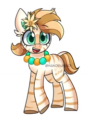 Size: 1119x1468 | Tagged: safe, artist:handgunboi, oc, oc only, oc:bombay colada, pony, zebra, commission, cute, female, flower, flower in hair, happy, jewelry, mare, necklace, ocbetes, open mouth, ponytail, simple background, smiling, solo, white background, zebra oc
